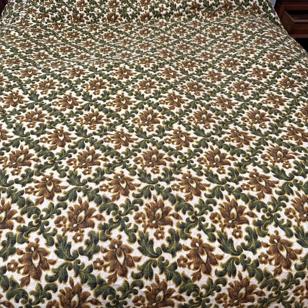 Vtg 60s 70s Bedspread Floral Botanical Jacquard Woven Coverlet Light Weight Flaw